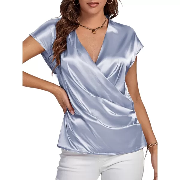 LYANER Women's Satin Silk Wrap V Neck Cap Sleeve Elegant Workwear Blouse Shirt Top