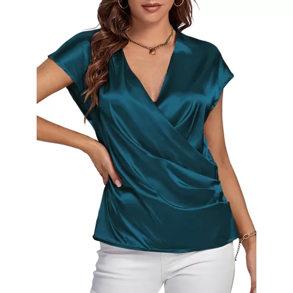 LYANER Women's Satin Silk Wrap V Neck Cap Sleeve Elegant Workwear Blouse Shirt Top