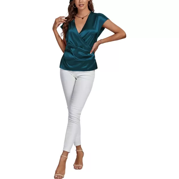 LYANER Women's Satin Silk Wrap V Neck Cap Sleeve Elegant Workwear Blouse Shirt Top