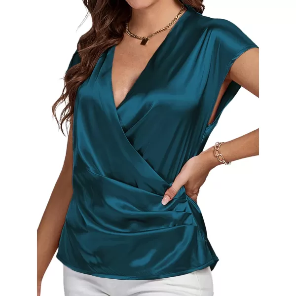 LYANER Women's Satin Silk Wrap V Neck Cap Sleeve Elegant Workwear Blouse Shirt Top