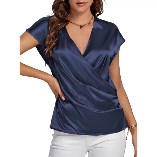 LYANER Women's Satin Silk Wrap V Neck Cap Sleeve Elegant Workwear Blouse Shirt Top
