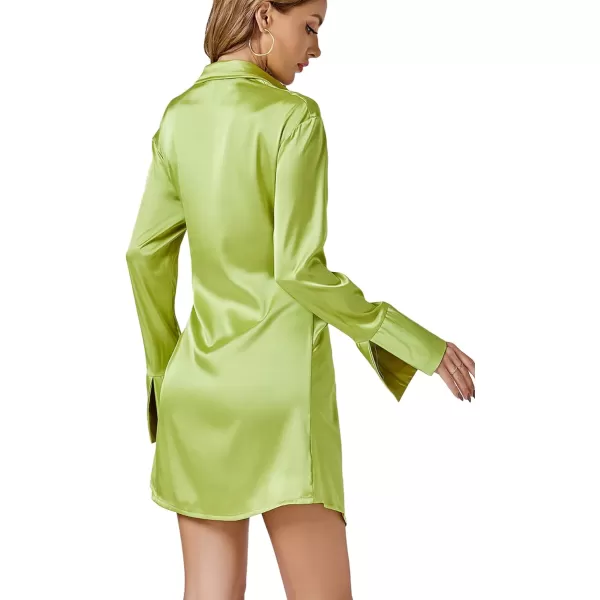 LYANER Women's Satin Silky Collar Wraped Waist Tie Long Sleeve Mini Dress