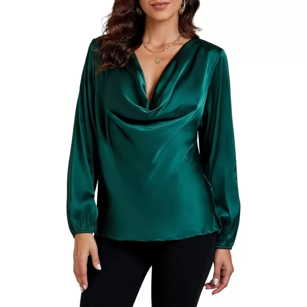 LYANER Women's Satin Silky Cowl Neck Drape Ruched Front Long Sleeve Blouse Shirt Top