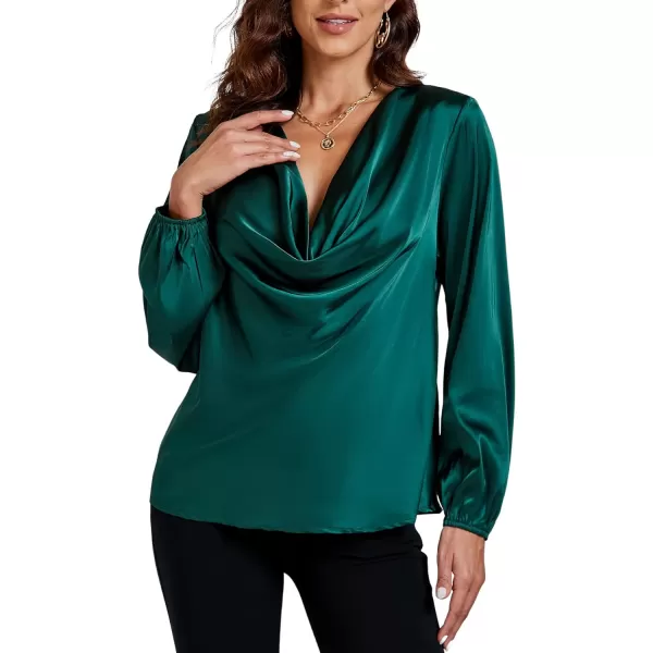 LYANER Women's Satin Silky Cowl Neck Drape Ruched Front Long Sleeve Blouse Shirt Top