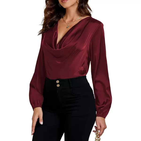 LYANER Women's Satin Silky Cowl Neck Drape Ruched Front Long Sleeve Blouse Shirt Top