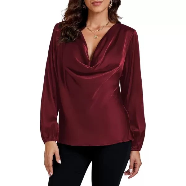 LYANER Women's Satin Silky Cowl Neck Drape Ruched Front Long Sleeve Blouse Shirt Top