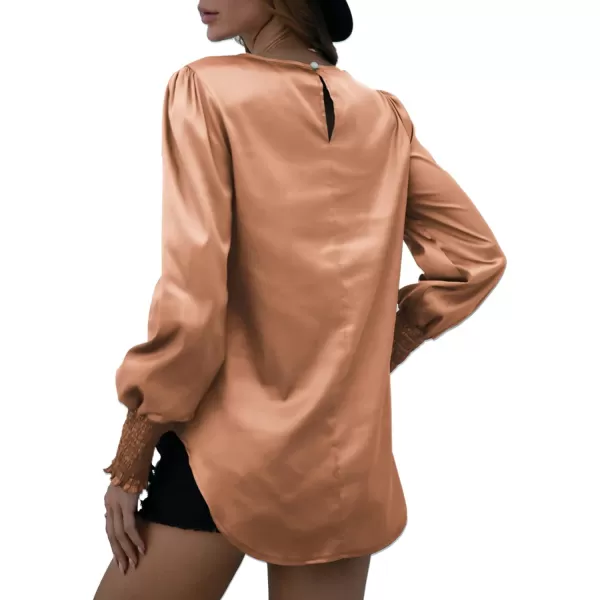 LYANER Women's Satin Silky Crewneck Long Sleeve Ruched Front Blouse Shirt Top