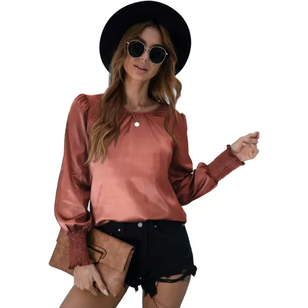 LYANER Women's Satin Silky Crewneck Long Sleeve Ruched Front Blouse Shirt Top