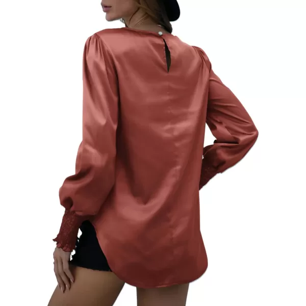 LYANER Women's Satin Silky Crewneck Long Sleeve Ruched Front Blouse Shirt Top