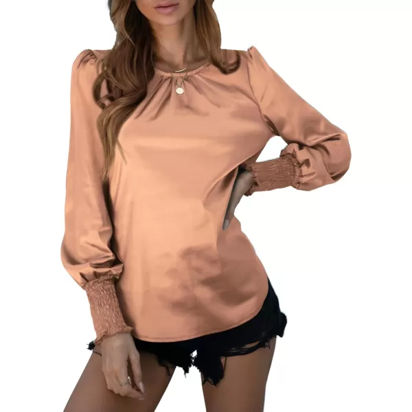 LYANER Women's Satin Silky Crewneck Long Sleeve Ruched Front Blouse Shirt Top