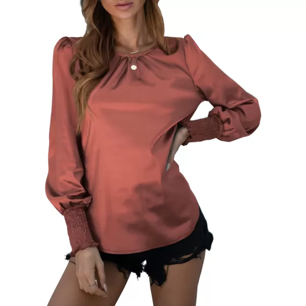 LYANER Women's Satin Silky Crewneck Long Sleeve Ruched Front Blouse Shirt Top