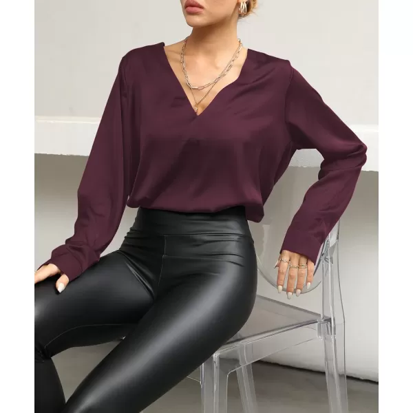 LYANER Women's Satin Silky Deep V Neck Long Sleeve Work Elegant Blouse Top