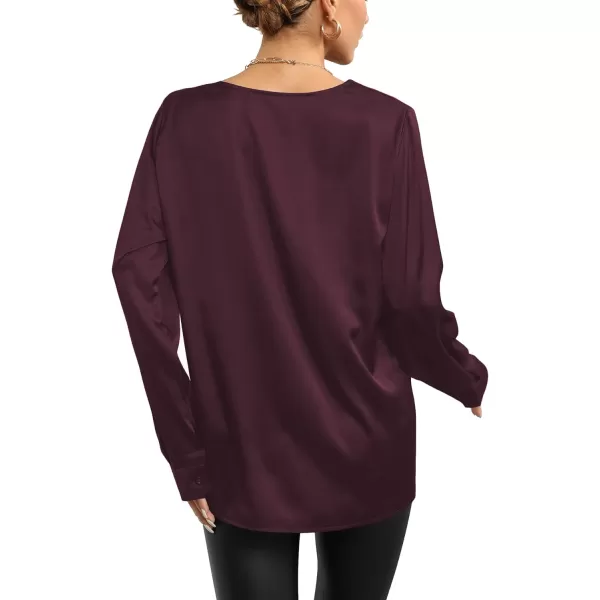 LYANER Women's Satin Silky Deep V Neck Long Sleeve Work Elegant Blouse Top