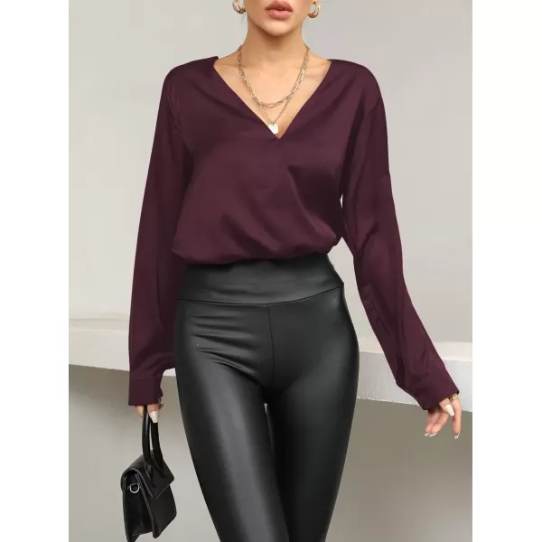 LYANER Women's Satin Silky Deep V Neck Long Sleeve Work Elegant Blouse Top