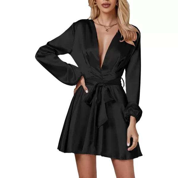 LYANER Women's Satin Silky Deep V Neck Tie Waist Long Sleeve Party Club Mini Dress