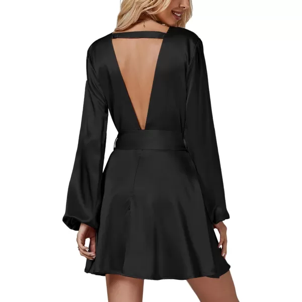 LYANER Women's Satin Silky Deep V Neck Tie Waist Long Sleeve Party Club Mini Dress