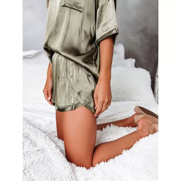 LYANER Women's Satin Silky Pajama Set Short Sleeve T-shirt With Shorts Set PJ Loungewear