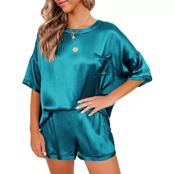LYANER Women's Satin Silky Pajama Set Short Sleeve T-shirt With Shorts Set PJ Loungewear
