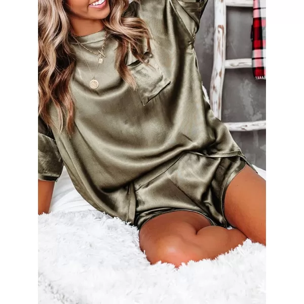 LYANER Women's Satin Silky Pajama Set Short Sleeve T-shirt With Shorts Set PJ Loungewear
