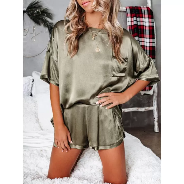 LYANER Women's Satin Silky Pajama Set Short Sleeve T-shirt With Shorts Set PJ Loungewear