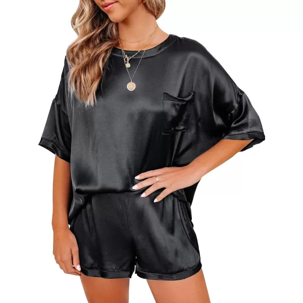 LYANER Women's Satin Silky Pajama Set Short Sleeve T-shirt With Shorts Set PJ Loungewear