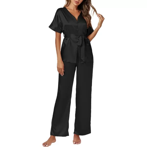 LYANER Women's Satin Silky Pajamas Set Button Down Short Sleeve Tops Loungewear Pjs and Pants