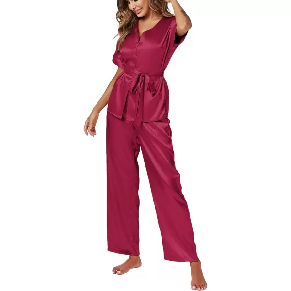 LYANER Women's Satin Silky Pajamas Set Button Down Short Sleeve Tops Loungewear Pjs and Pants