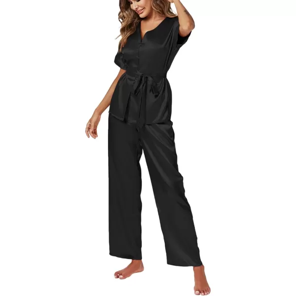 LYANER Women's Satin Silky Pajamas Set Button Down Short Sleeve Tops Loungewear Pjs and Pants