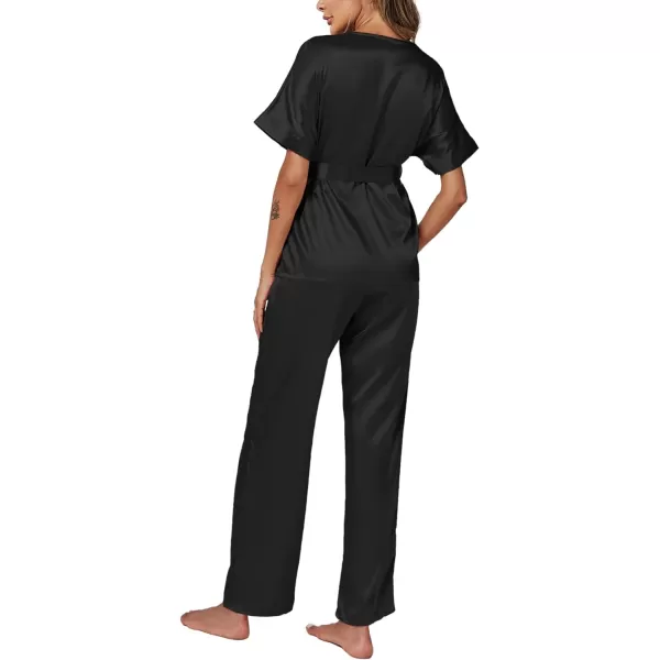 LYANER Women's Satin Silky Pajamas Set Button Down Short Sleeve Tops Loungewear Pjs and Pants