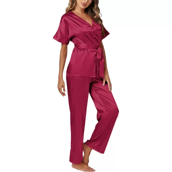 LYANER Women's Satin Silky Pajamas Set Button Down Short Sleeve Tops Loungewear Pjs and Pants