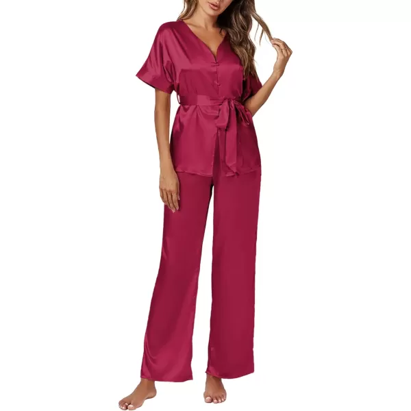 LYANER Women's Satin Silky Pajamas Set Button Down Short Sleeve Tops Loungewear Pjs and Pants