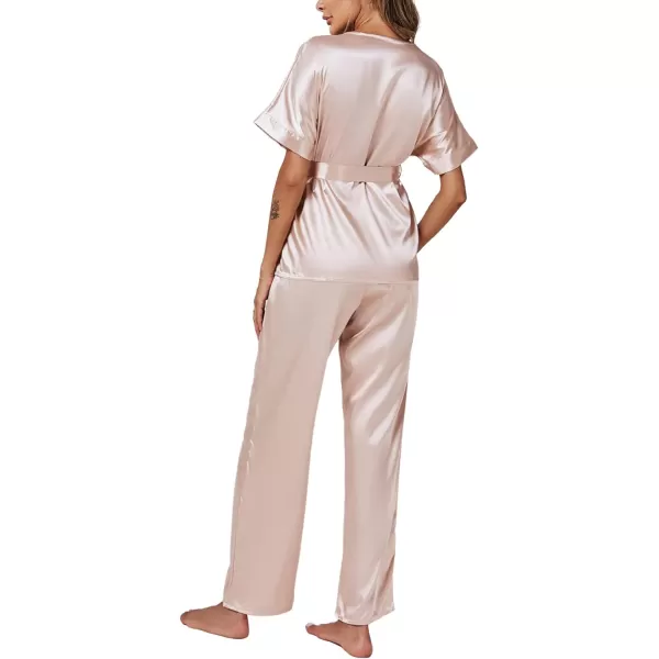 LYANER Women's Satin Silky Pajamas Set Button Down Short Sleeve Tops Loungewear Pjs and Pants