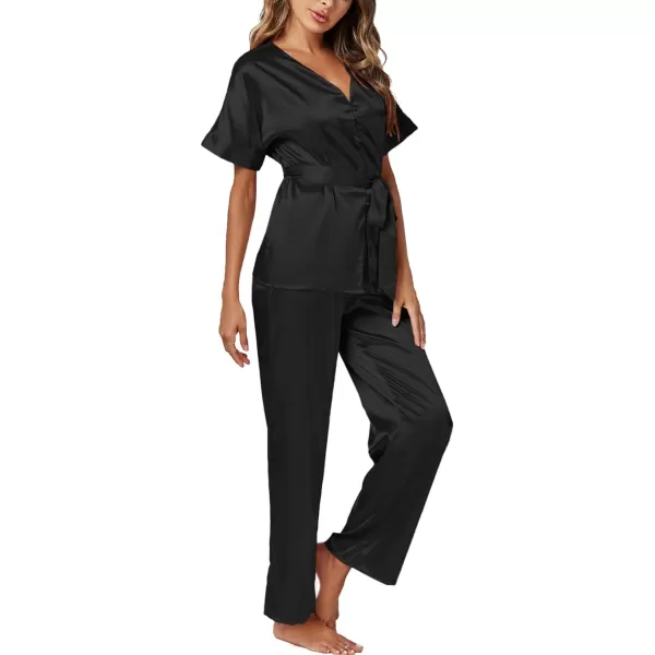 LYANER Women's Satin Silky Pajamas Set Button Down Short Sleeve Tops Loungewear Pjs and Pants