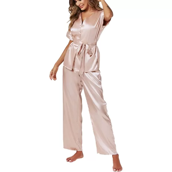 LYANER Women's Satin Silky Pajamas Set Button Down Short Sleeve Tops Loungewear Pjs and Pants