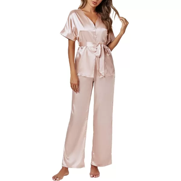 LYANER Women's Satin Silky Pajamas Set Button Down Short Sleeve Tops Loungewear Pjs and Pants