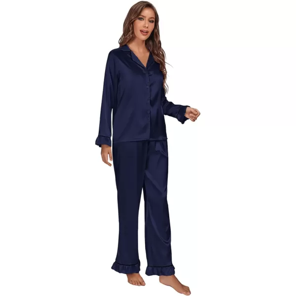 LYANER Women's Satin Silky Pajamas Set Collar Long Sleeve Shirt with Long Pant Set PJS Sleepwear