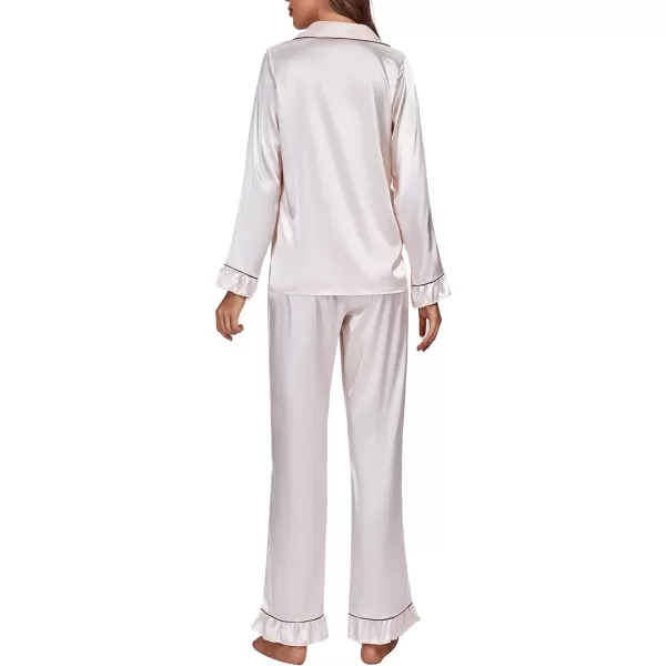 LYANER Women's Satin Silky Pajamas Set Collar Long Sleeve Shirt with Long Pant Set PJS Sleepwear
