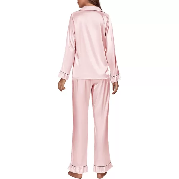 LYANER Women's Satin Silky Pajamas Set Collar Long Sleeve Shirt with Long Pant Set PJS Sleepwear