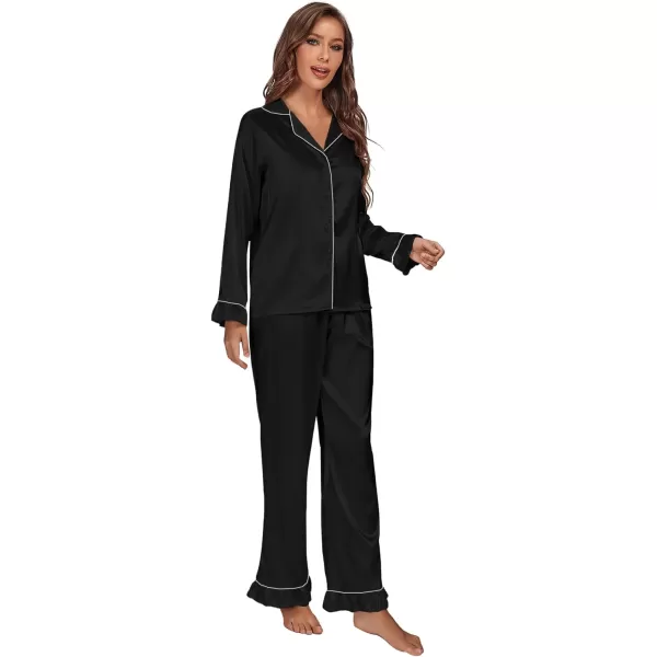 LYANER Women's Satin Silky Pajamas Set Collar Long Sleeve Shirt with Long Pant Set PJS Sleepwear