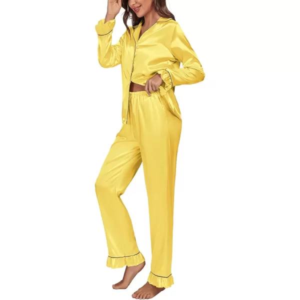 LYANER Women's Satin Silky Pajamas Set Collar Long Sleeve Shirt with Long Pant Set PJS Sleepwear