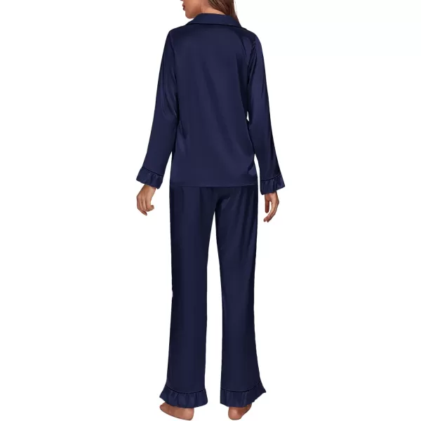 LYANER Women's Satin Silky Pajamas Set Collar Long Sleeve Shirt with Long Pant Set PJS Sleepwear
