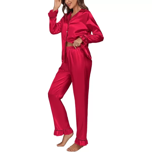 LYANER Women's Satin Silky Pajamas Set Collar Long Sleeve Shirt with Long Pant Set PJS Sleepwear