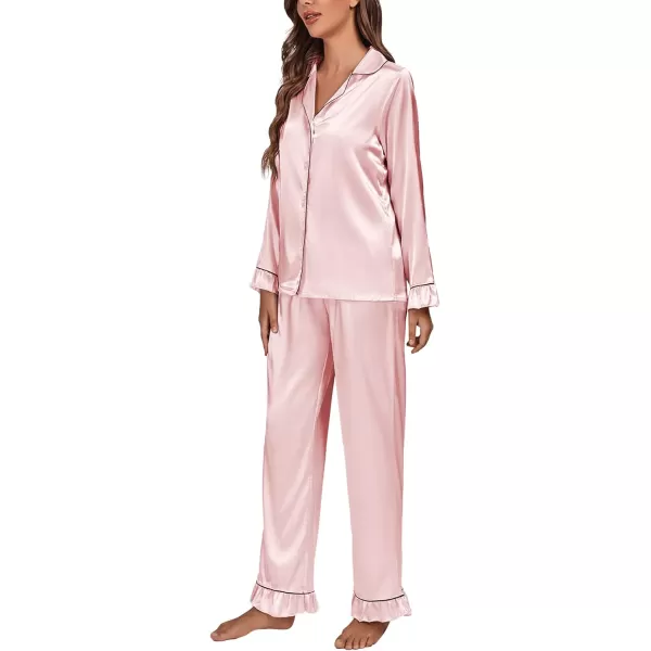 LYANER Women's Satin Silky Pajamas Set Collar Long Sleeve Shirt with Long Pant Set PJS Sleepwear