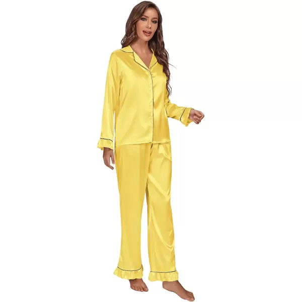 LYANER Women's Satin Silky Pajamas Set Collar Long Sleeve Shirt with Long Pant Set PJS Sleepwear