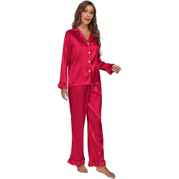 LYANER Women's Satin Silky Pajamas Set Collar Long Sleeve Shirt with Long Pant Set PJS Sleepwear