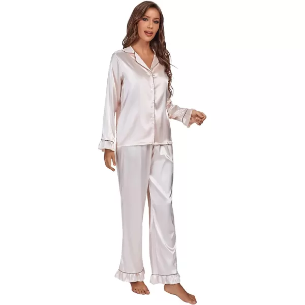 LYANER Women's Satin Silky Pajamas Set Collar Long Sleeve Shirt with Long Pant Set PJS Sleepwear