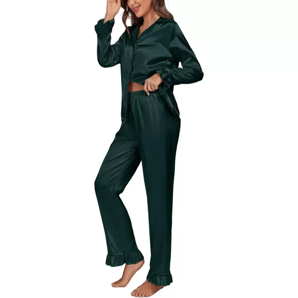 LYANER Women's Satin Silky Pajamas Set Collar Long Sleeve Shirt with Long Pant Set PJS Sleepwear