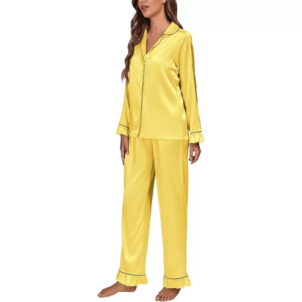 LYANER Women's Satin Silky Pajamas Set Collar Long Sleeve Shirt with Long Pant Set PJS Sleepwear