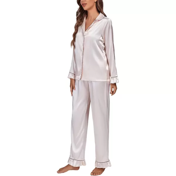 LYANER Women's Satin Silky Pajamas Set Collar Long Sleeve Shirt with Long Pant Set PJS Sleepwear
