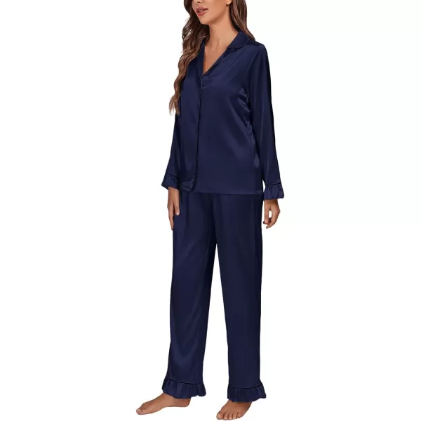 LYANER Women's Satin Silky Pajamas Set Collar Long Sleeve Shirt with Long Pant Set PJS Sleepwear